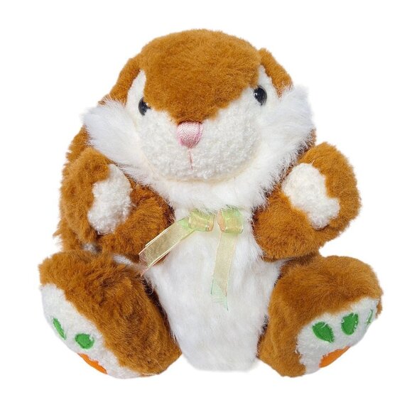 MTY International Brown White Easter Bunny Rabbit Carrot Feet Plush Bow 12" - Picture 1 of 7